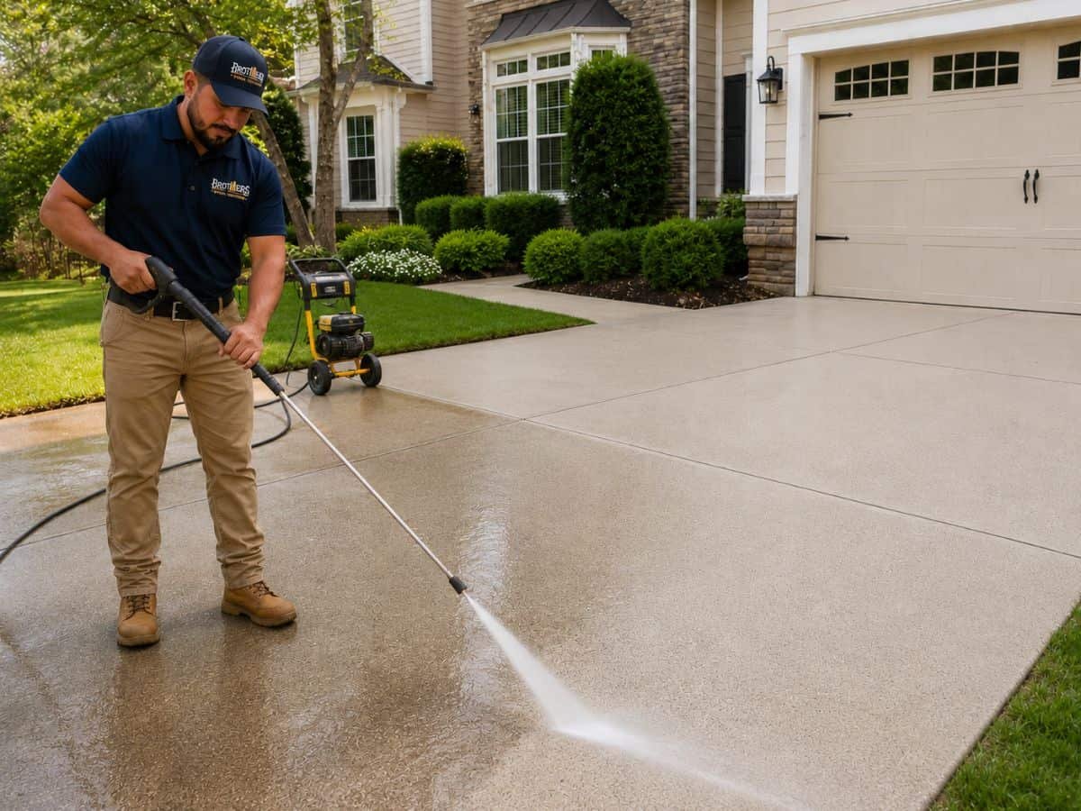 Driveway pressure washing Asheville NC in progress